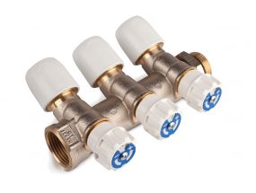 Hep2O 3 Port Valved Manifold Plated Brass (3/4 Inch BSP x 15mm MxF)
