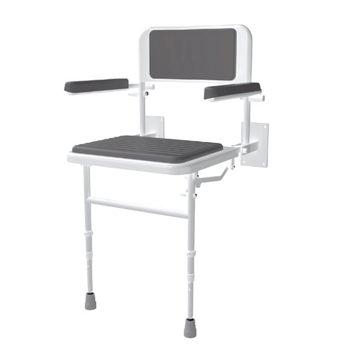 Wall Mounted Padded Shower Seat with Back, Arms and Legs (Grey)