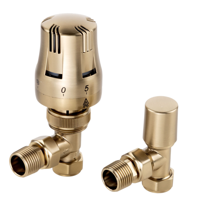 LeoNova Angled Round Thermostatic Radiator Valve (TRV) (15mm x 1/2 Inch BSP) (Brushed Brass)