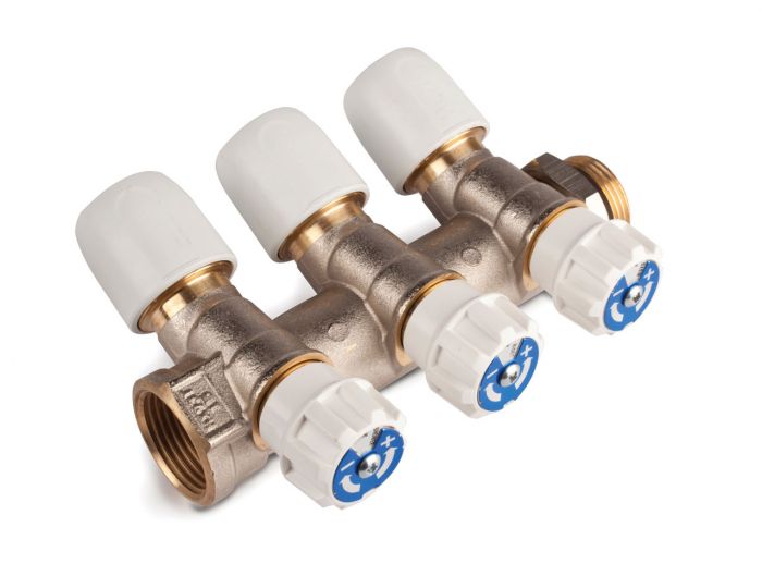Hep2O 3 Port Valved Manifold Plated Brass (3/4 Inch BSP x 15mm MxF)
